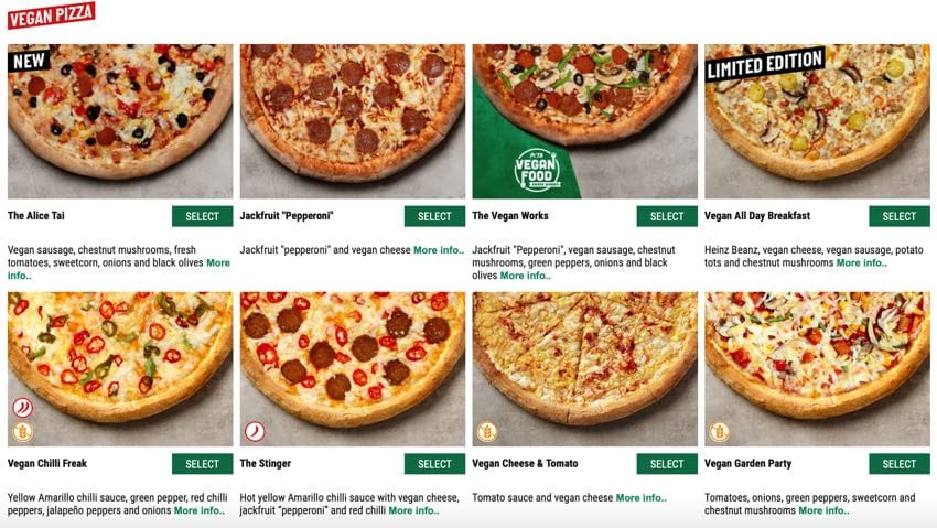 Vegan pizzas at Papa John's