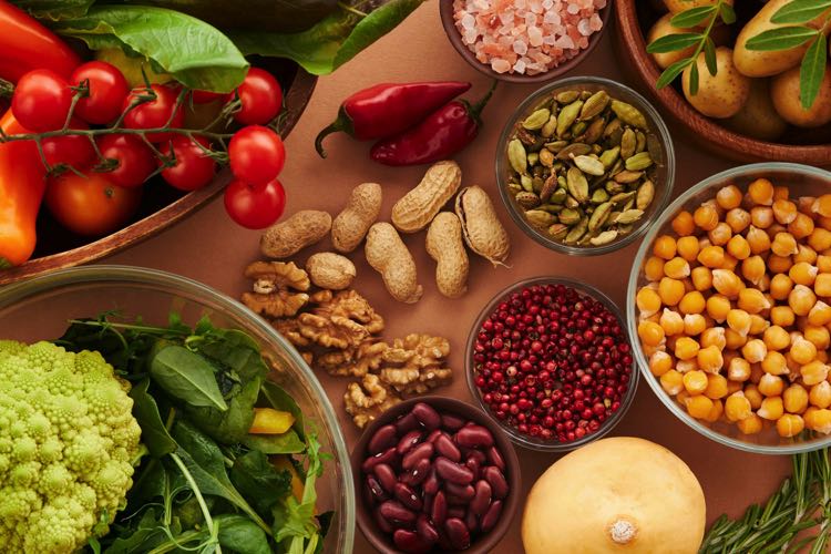 Vegan foods displayed on table